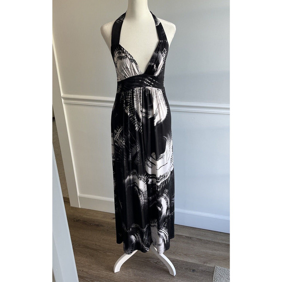 Size S/M Halter Dress Black White Slinky Stretch Empire Waist Goth Drama Minimal - Picture 1 of 11
